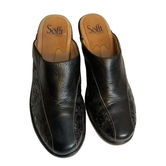 Sofft Mules Shoes 7M Black Leather Floral Embossed Heels Slip On Bicycle Toe - Picture 2 of 16